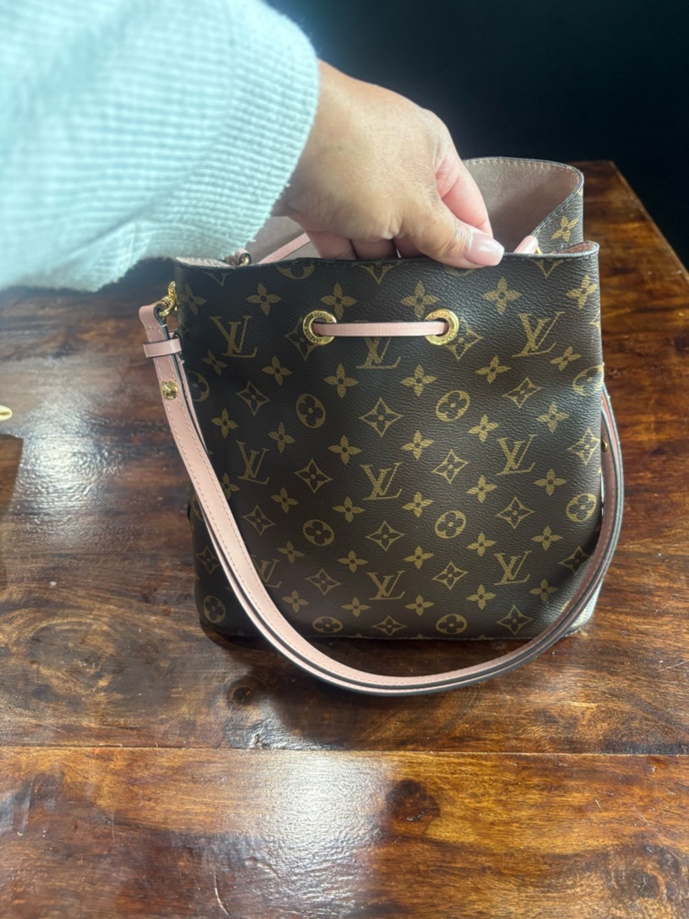 Louis Vuitton Monogram Nano Noé Bucket Bag in Brown with Pink Trim - Picture 3 of 10
